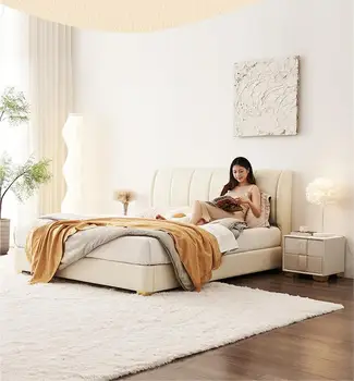 Modern Cream Style Bedroom Set Soft Backrest Storage Bed with Solid Pine Wooden Frame Soft Leather Bedroom Furniture the bed
