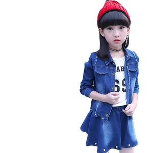 2021 Kid Autumn Spring Big Girl Clothing Set Cowboy Coat T Shirt Skirt 3pcs Jeans Suits Solid Color Turn Down Collar Girls Suit