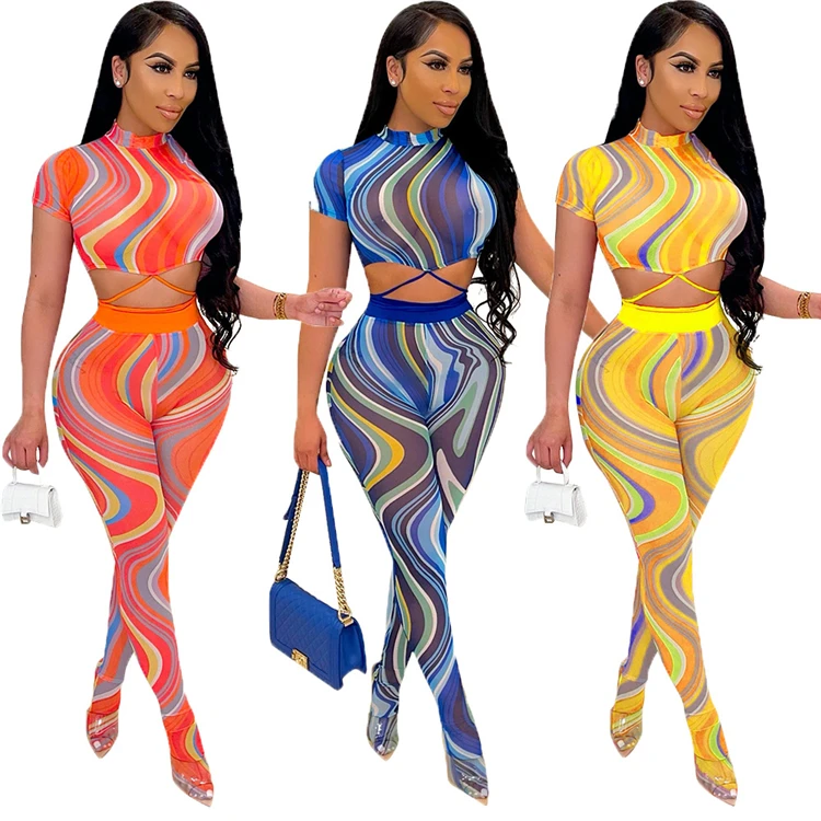 OSINA Best Seller 2021 Summer Ladies Two piece pants set Mesh Print Bandage Casual 2 Piece Set Women Clothing