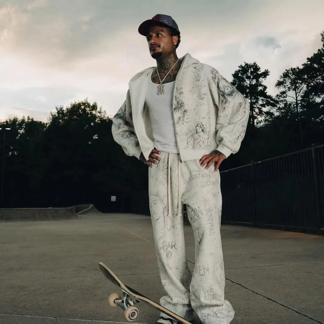Vintage acid wash-distressed hip-hop herre-tracksuit i tung fransk terrycotton, baggy jogger-sæt med totem-broderi og screenprint, OEM-tilpasset