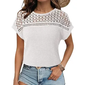 2025 Summer Women's Casual Round Neck Hollow Solid Color Short Sleeve Waffle Top