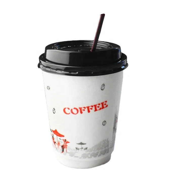 Disposable Foaming Paper Cup Coffee Milk Tea Cup Hot Drink Cup with Lid Thickened Flocking  8/12/16 oz