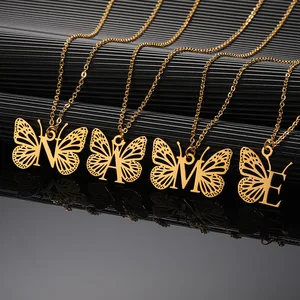 MW Fashion Women's 18K Gold-Plated Stainless Steel 26 English Letter Butterfly Pendant Necklace Trendy Simple Stylish Gift