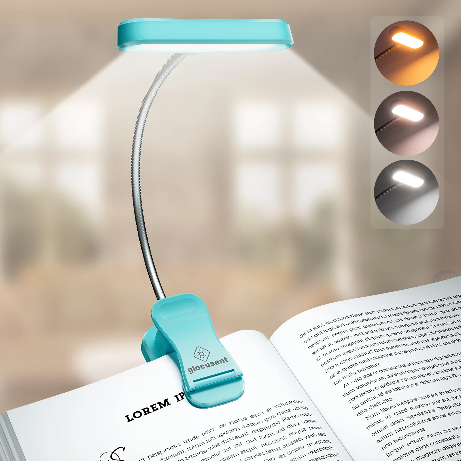 Glocusent Dimmable Amber Flexible Usb Rechargeable Led Clip On Book