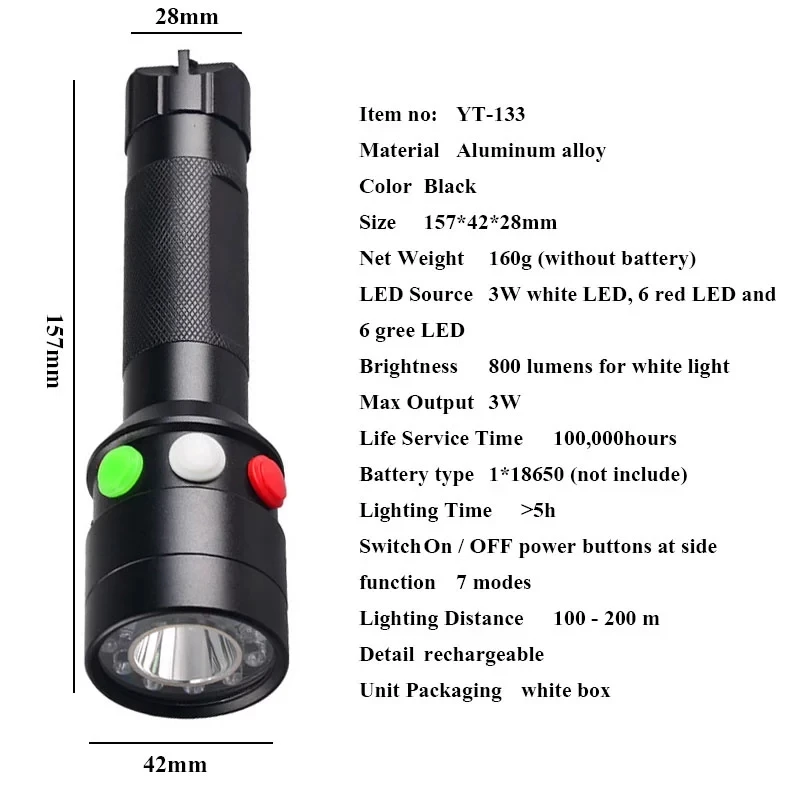 Tricolour Torch for Train White\green\Red signal Light Aluminum Alloy Flash Flashlight