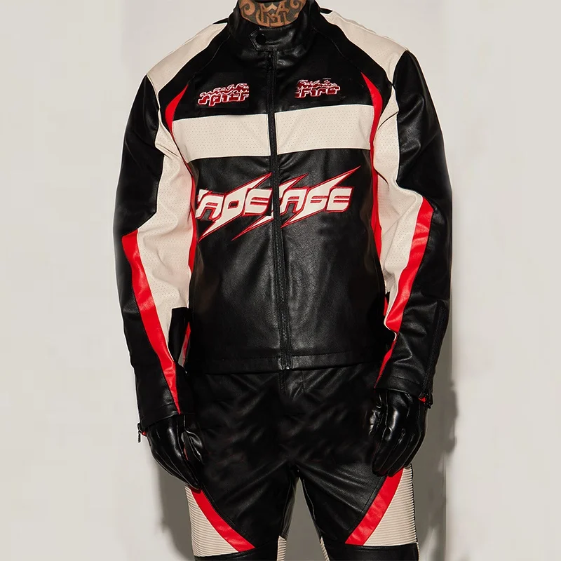 Men's Biker Racing Bomber Zipper Embroidered Patch Leather Crop Motorcycle Jacket For Men_voghion.com