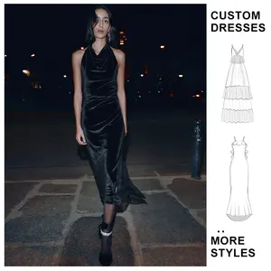Custom Wholesale Winter New Women's Casual Anti-Static Halter Neck Lace Velvet Midi Dress Sexy Backless Evening Dress Long Skirt