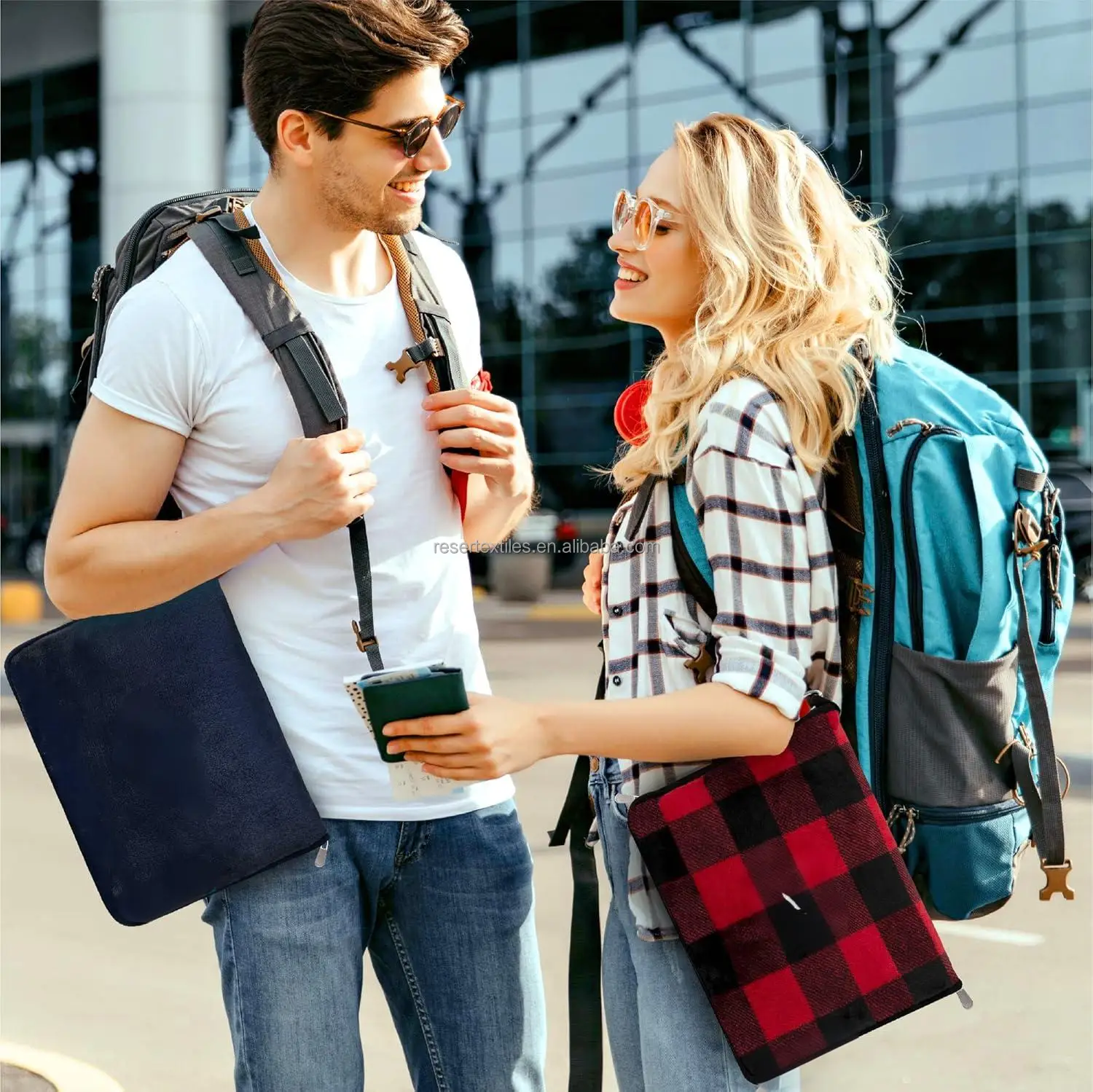 2-in-1 Premium 100% Polyester Four Seasons Machine Washable Hiking Camping Travel Blanket Pillow 3D Embroidery Logo Hand Luggage