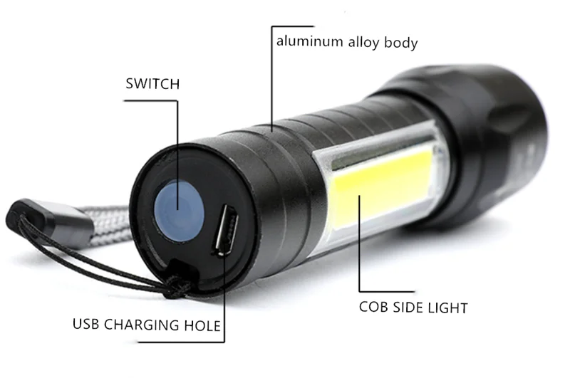 Super Bright Zoom LED Q5 T6 Torch Light With Side COB Light Aluminum Waterproof night light USB Rechargeable Led Flashlight