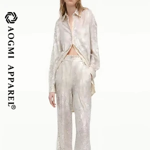 Haute Couture Fashion Ladies Chiffon Lapel Long Sleeve Solid Color 3D Embroidery Button-Up Casual Work Blouse