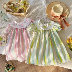 Summer Korean Style Girls' Sweet Princess Dress Collar Bow Embroidered Dresses Short Sleeve Colorful Striped for Children