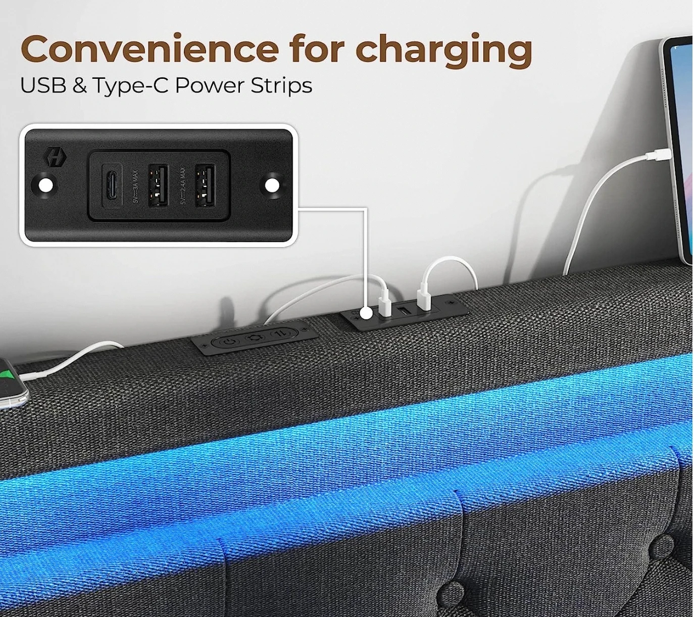 Full Size Bed Frame with Charging Station and LED Lights, Upholstered Bed with Adjustable Headboard and 4 Storage Drawers Metal