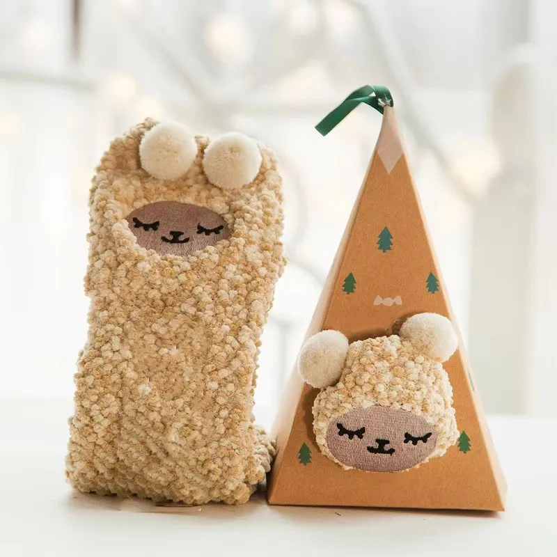 Милые рождественские носки с животными, женские 3D пушистые толстые теплые зимние носки из кораллового бархата с коробкой