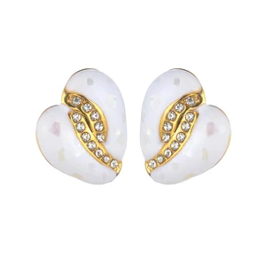 YUKAM Wholesale Women Fashion Exaggerated Stainless Steel 18K Gold Plated Crystal Rhinestone White Oil Drip Heart Stud Earrings