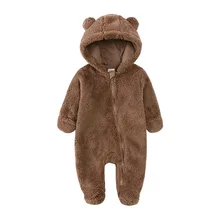 Neutral newborn baby clothes cute bear ears autumn winter warm fluffy baby rompers zipper onesies baby clothes 0-12M