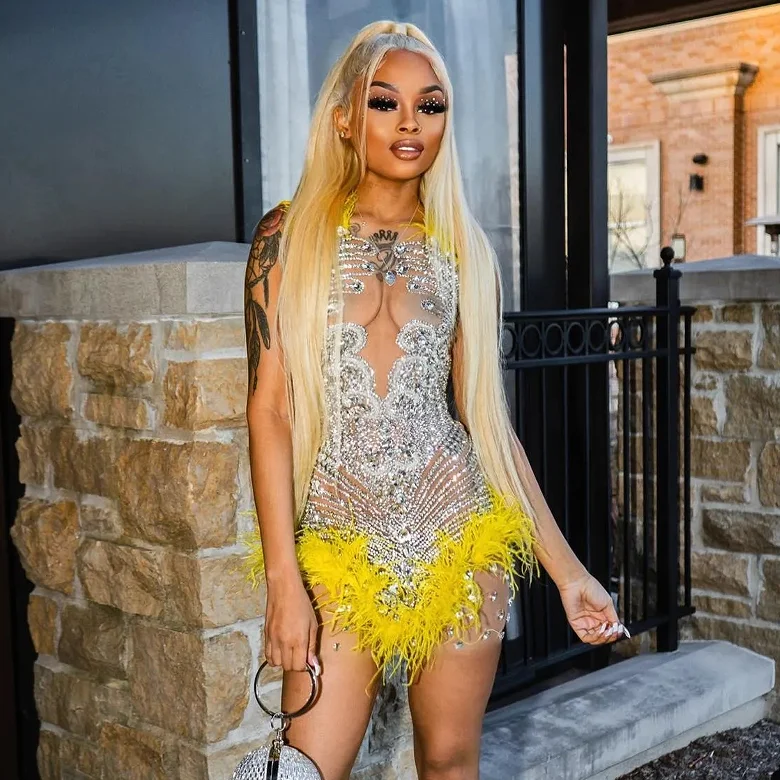 Ocstrade Rhinestone Party Birthday Dresses Couture Women Sexy Diamonds Performance Dress Yellow Feather Mesh Mini Nighty Dress Ocstrade Rhinestone Party Birthday Dresses Couture Women Sexy Diamonds Performance Dress Yellow Feather Mesh Mini Nighty Dress