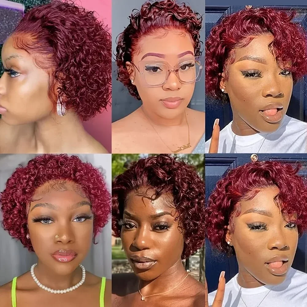 Short Pixie Cut Human Hair Wig Water Wave Ombre Brown Transparent Front Lace Cheap Curly Wigs for Women_voghion.com