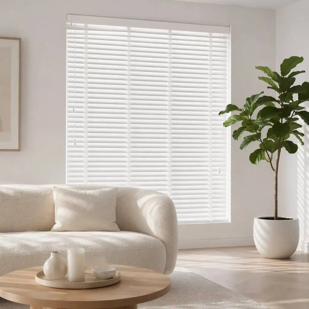PVC Horizontal Venetian Blinds Painted Color White 50mm Slats Ladder Tape Ladder String Custom Size Waterproof UV Blocking