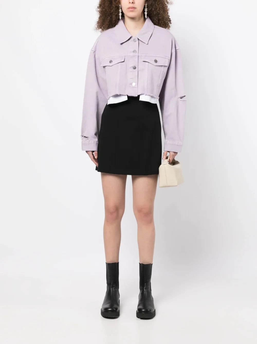 Nouă jachetă denim scurtă cu rupturi, design modern, îmbrăcăminte exterioară spălată, elegantă, casual, ajustată, jachetă denim roz și violet pentru femei