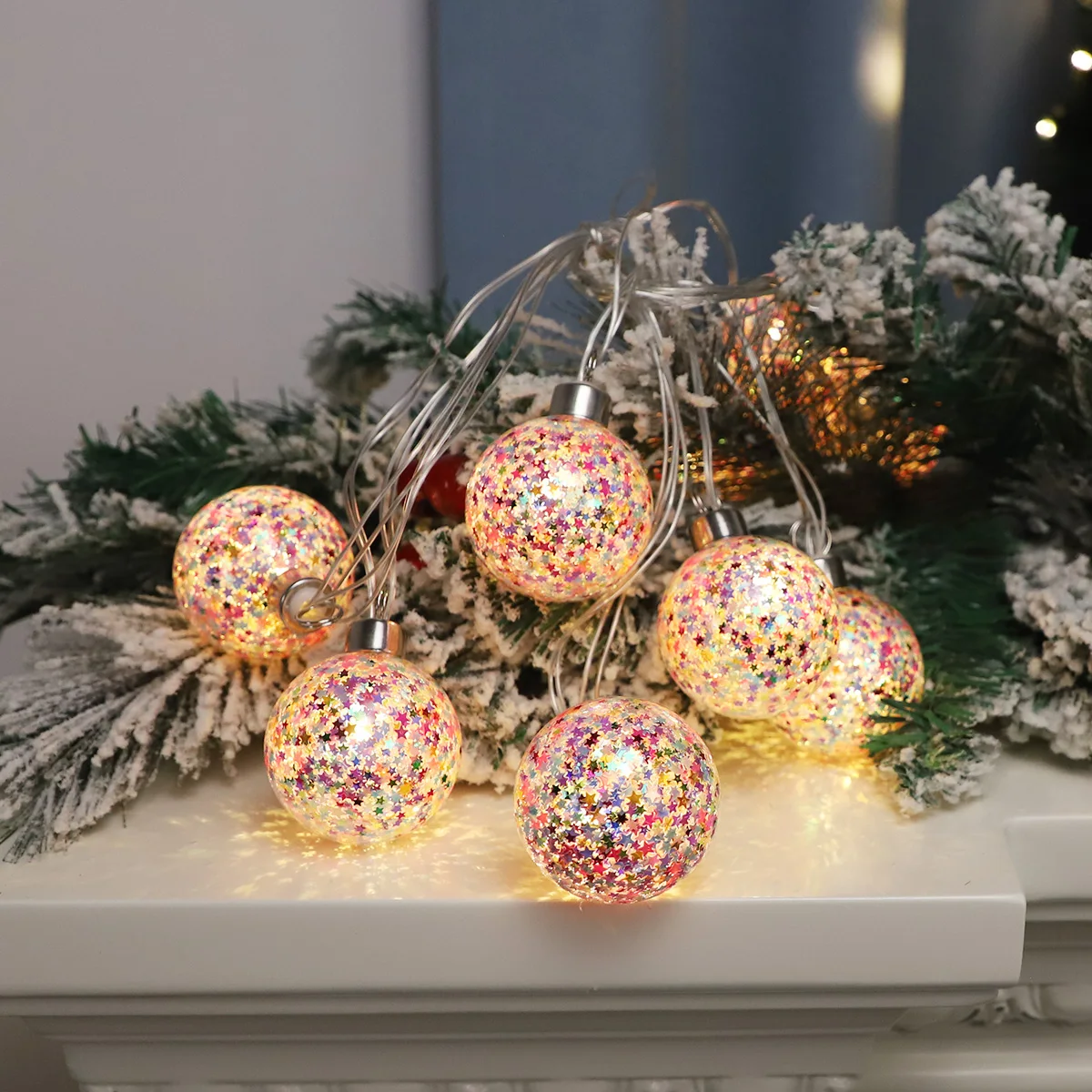 Custom String Lights with 10 LED Heads Christmas Glitter Decoration Festival Party Glass Hanging Ornaments Craft Holiday