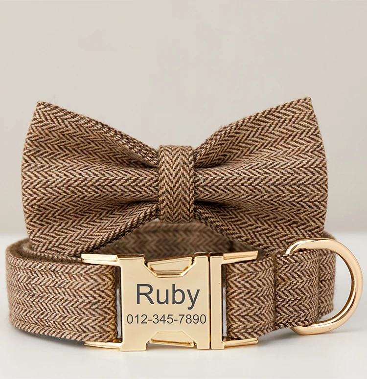 Luxury Premium Adjustable Tweed Fabric Metal Buckle Dog Bow Tie Collars