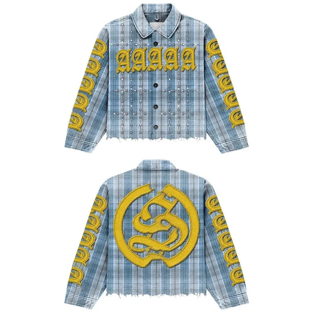 SALATI Custom Regular Fit Cropped Button up T-Shirt Long Sleeve Diamond Rhinestone Embroidery Distressed Check Cartoon Flannel gallery 2