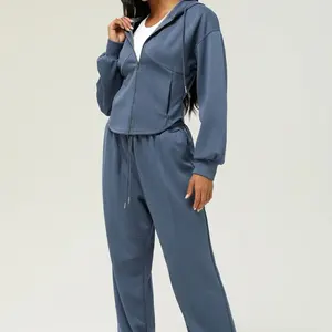 2026 New Trendy and Fashion High Quality Two Piece Comfortable Sport Wear 100% Cotton Clothing Outfit Sport Tracksuit for Women