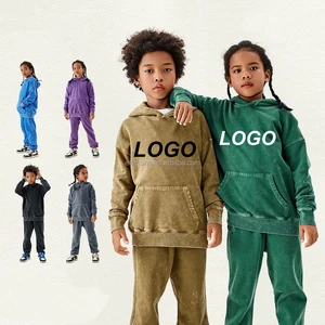 Kids Streetwear Apparel Set Customizable 350g Fleece Oversized Hooded Sweatshirt Pants Washed Distressed Style