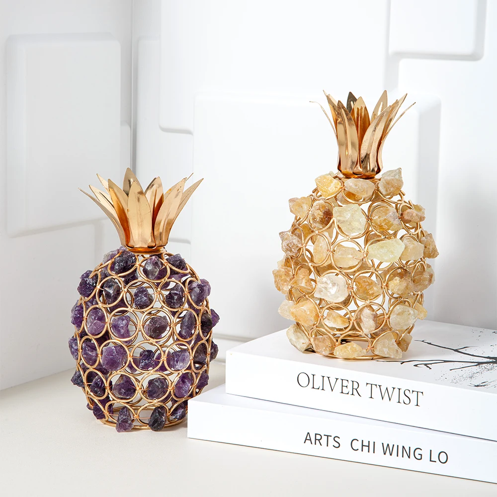 Natural Crystal Amethyst Tea Light Votive Candle Jar Holder Gemstone Pineapple Shape Table Lamp for Home Deco