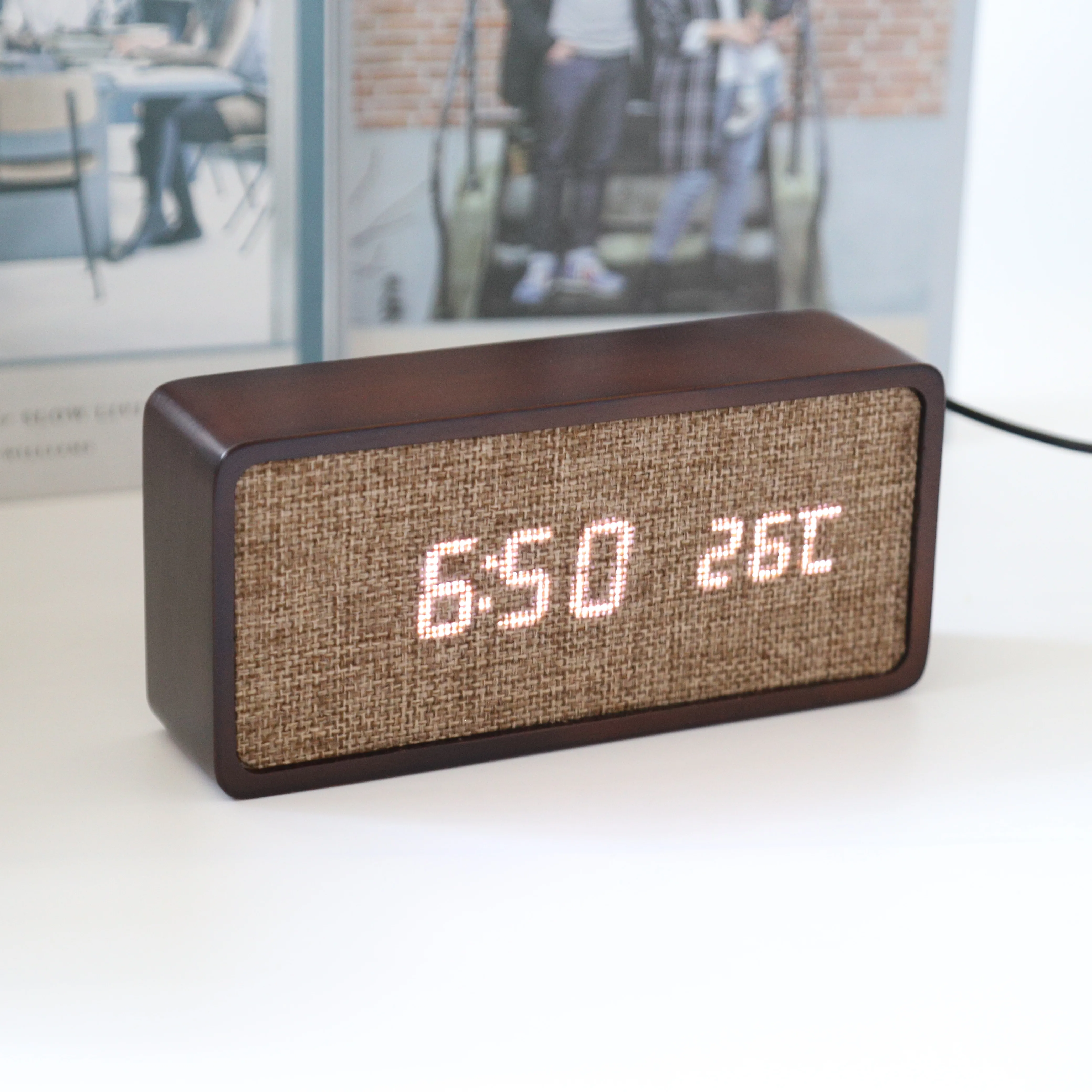Time Date Temperature LED Digital Wooden Alarm Clock with USB Charger