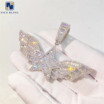Iced out luxury pendants jewelry custom Bling 5A+ CZ stone big star with wing pendant necklace Brass pendant