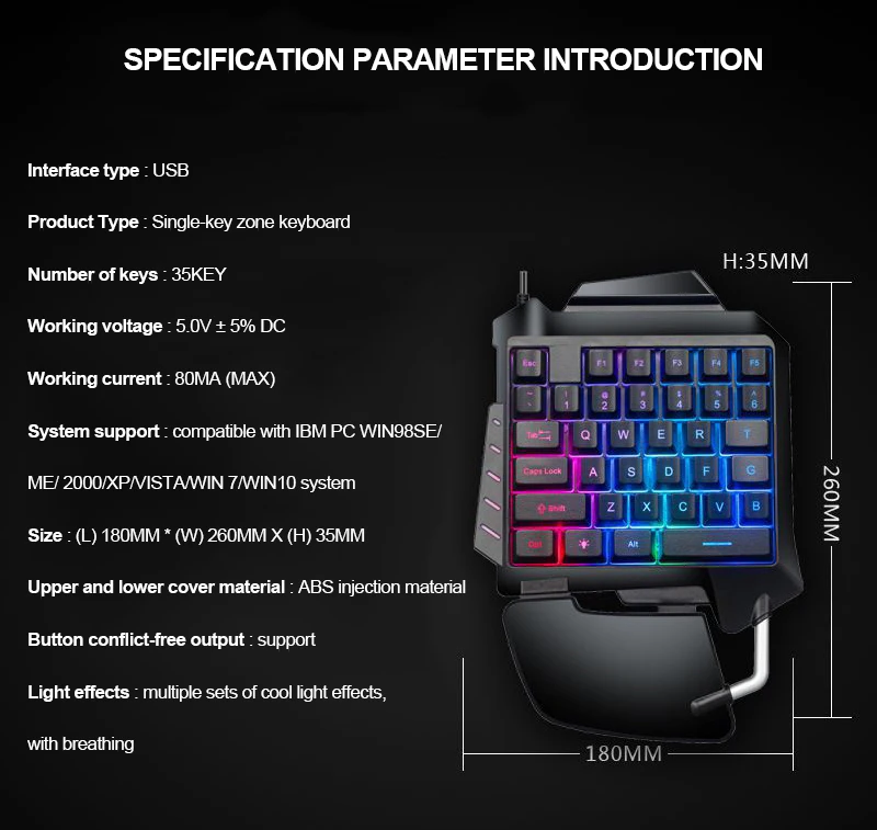 Amazon Popular Mini One Handed Keyboard Colorful RGB Game Wired Keyboard For Mobile Phones Laptops