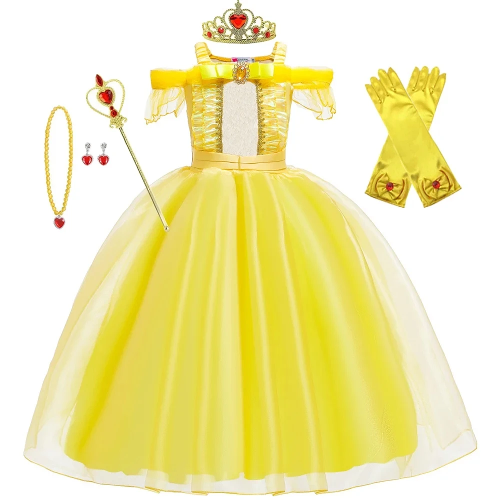 Little Girls Layered Off-Shoulder Dresses Aurora Rose Yellow Princess Dress  for Kids Girls Cosplay Costume With Accessories