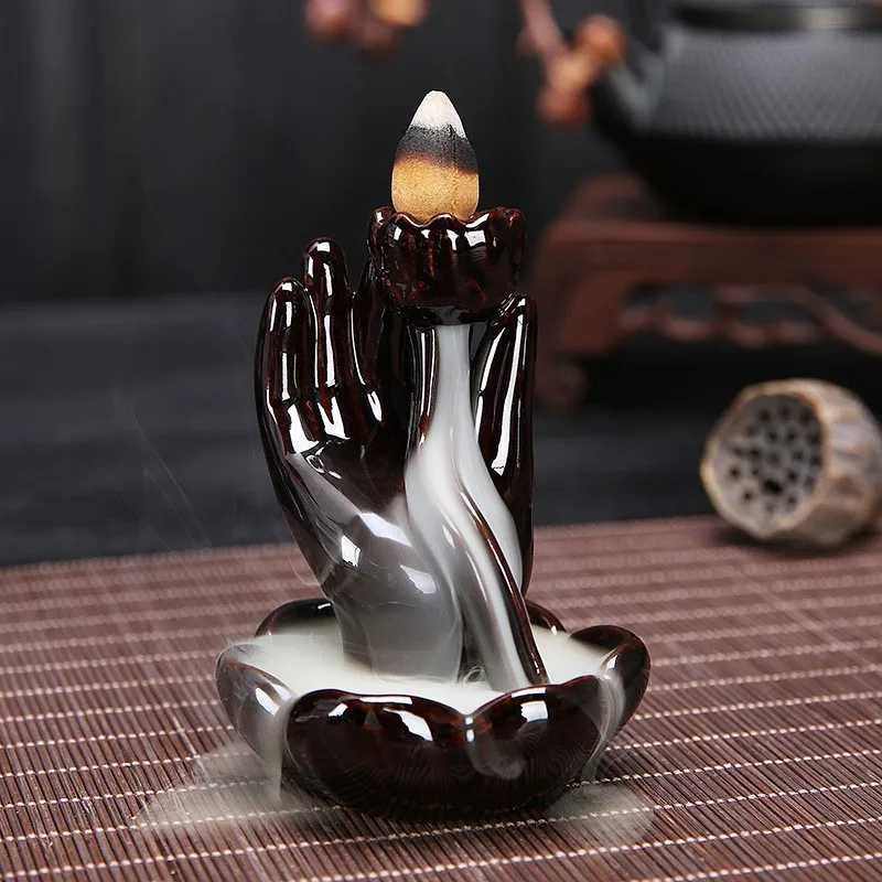 Ceramic Backflow Incense Burner Holder Lotus Waterfall & Incense Cones Gift