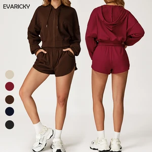 Women's Comfortable Casual Compression Fitness Running Set Solid Loose Zipper Sweat Breathable Quick-Dry High Waist Hoodie