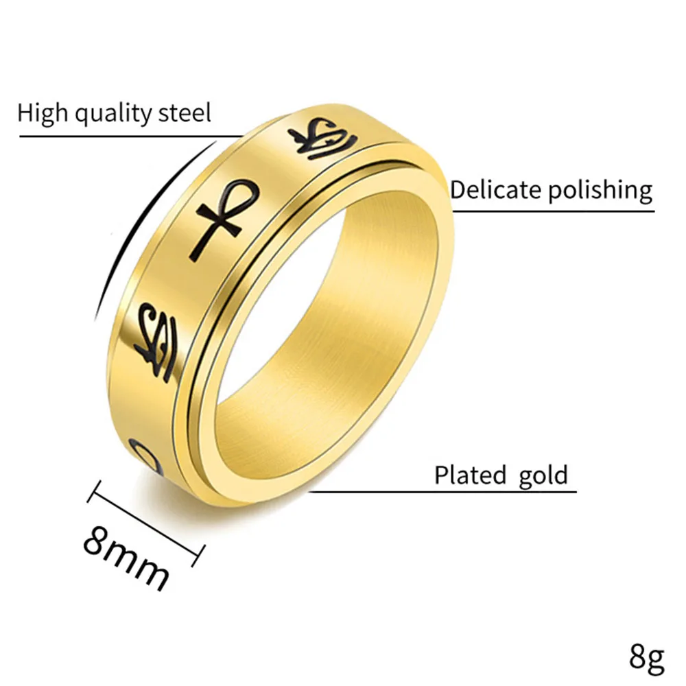 Ankh Cross Spinner Rings Stainless Steel Fidget Ring Egypt Eye of Horus Anxiety Ring for Men Women 8mm Ankh Rotating Stress Gift