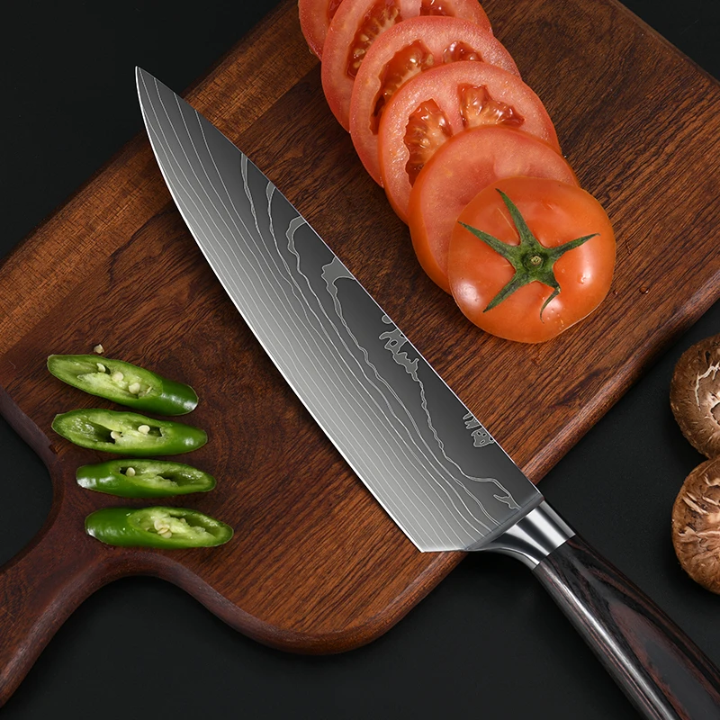 Суперострые кухонные ножи шеф-повара набор из 9 японских кухонных ножей нержавеющей стали с деревянной ручкой и Дамасским лазерным