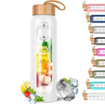 Wide Mouth Glass Water Bottle Bamboo Best Seller Travel with Silicone Sleeve Lid 1000 Ml Minimalist Glass Cup Unisex TOUR 50pcs
