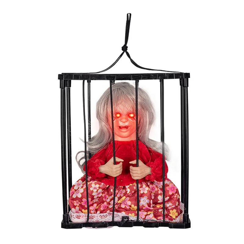Halloween Spooky Hanging Ghost Light Eyes Detector Motion Sensor Scary Skull Cage Prisoner Decor for Haunted House Made Plastic