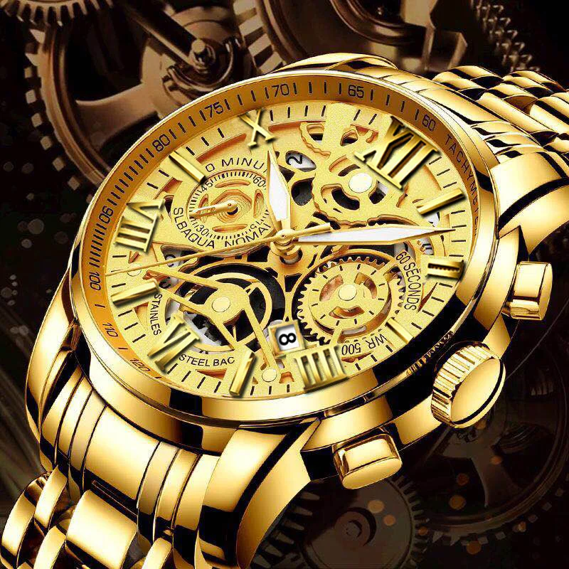Men Business Luminous Automatic Quartz Watch Waterproof Calendar Multifunctional Stainless Steel Strap Quartz Clock Watch