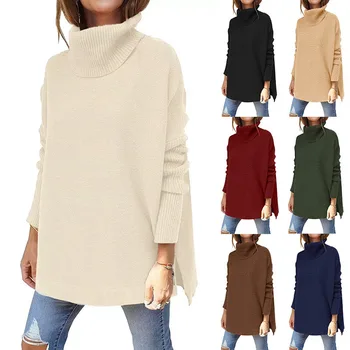 Wholesale women's turtleneck oversized sweater mid-length batwing sleeve slit hem tunic jumper