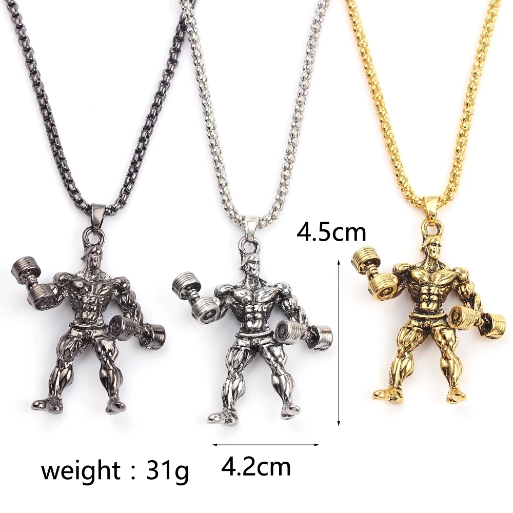 Men Gifts Gym Weightlifting Barbell Dumbbell Boxing Bodybuilding Pendant Muscle Man Fitness Necklace