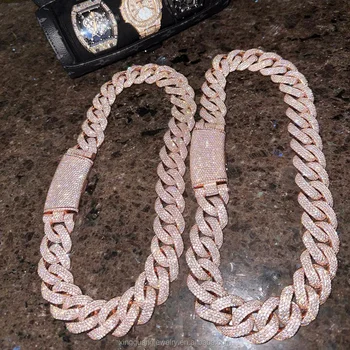 Heavy Silver 22mm Wide Necklace Iced Out VVS Moissanite Diamond Rose Gold Plated 925 Silver Cuban Link Chain for Hip Hop Jewelry