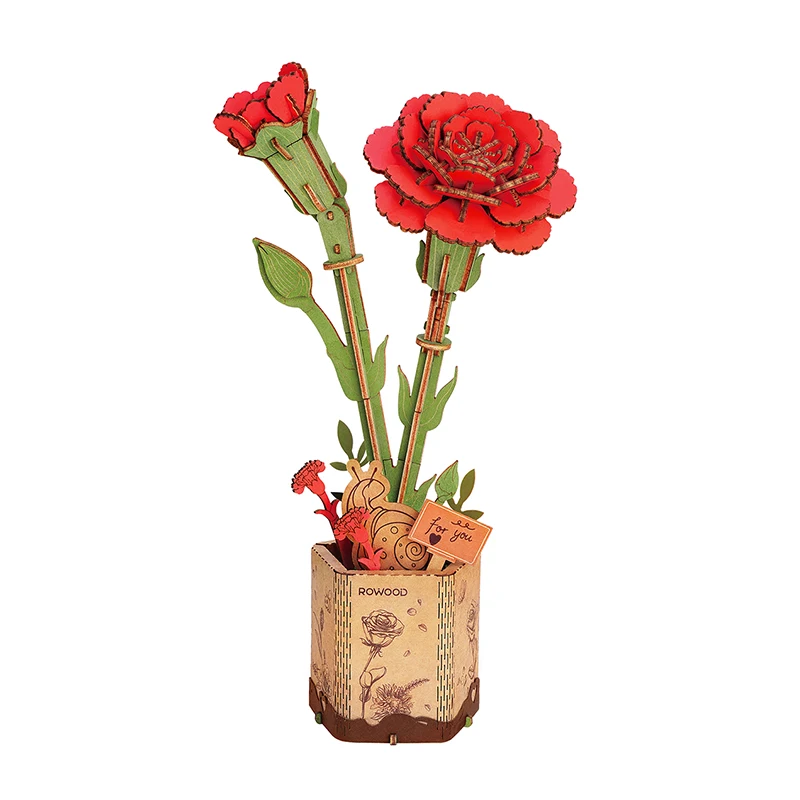 Robotime Wood Crafts Desktop Decoration Assemble Toys TW052 DIY 3D Wooden Red Carnation Puzzles