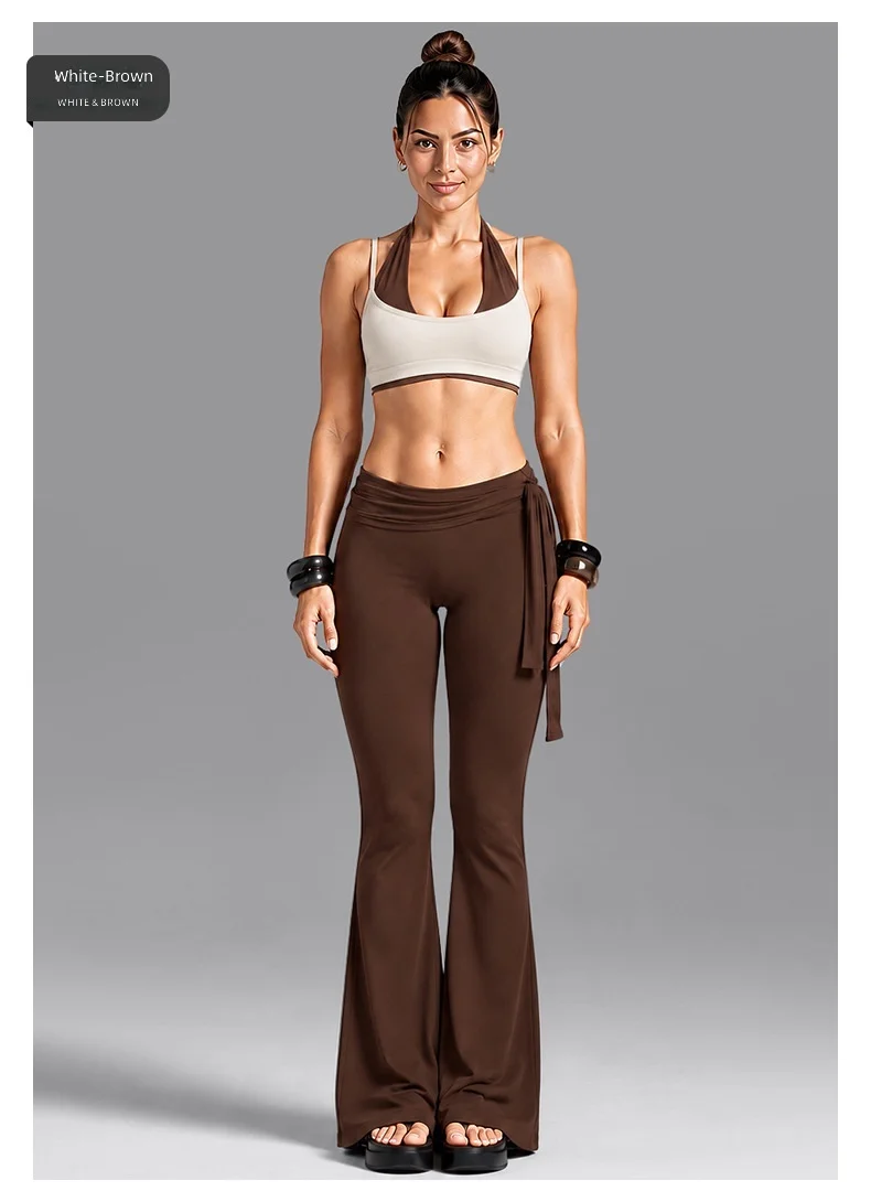Quick Dry Yoga Set Color Block Halter Double Layer Sports Bra Self Tie Waist Flare Pants 2 Piece Fitness Outfit — detail