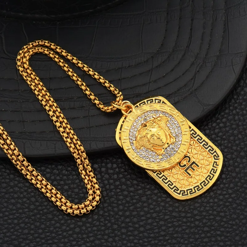 Hip Hop Style Gold Plated Full Diamond Greek Square Pendant Necklace Fashionable Chains Women Men Christian Symbol Pearl