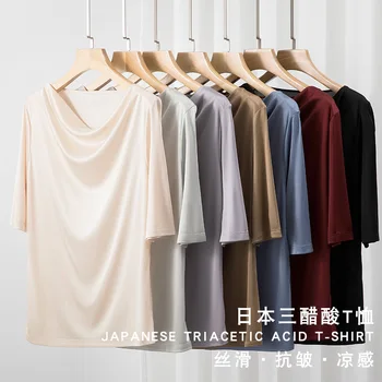 Acetic acid short sleeve women's solid color cool non-ironing one line swing neck half sleeve sleeve T-shirt woman