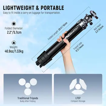 NEEWER LITETRIP LT07 61" Aluminum Travel Tripod for Camera w Pan Tilt Low Profile Ball Head, Arca QR Plate Compatible with Peak detail image