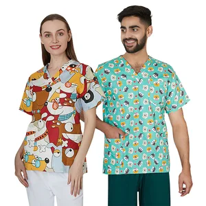 Unisex Summer Nursing Hospital Uniforms High Quality Cotton V-Neck Scrub Tops All Printing Pattern uniforme de enfermera
