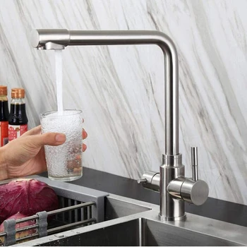 Dual Handle Stainless Steel Kitchen Faucet Brushed Fashion Design Water Saving Mixer Tap